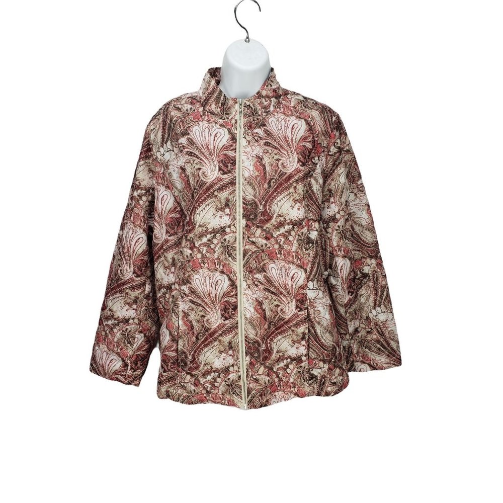 Chico's Red Brown Floral Leaf Print Size 3(Large) Zippered Jacket